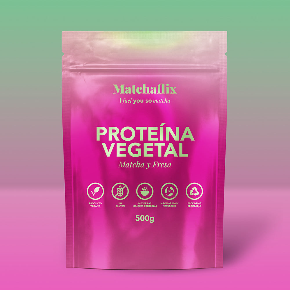Proteínas vegetales con matcha sabor fresa by Matchaflix